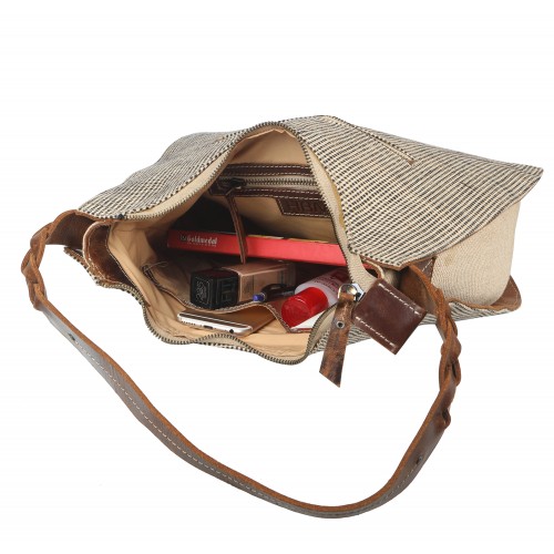 oxford and leather hand bag