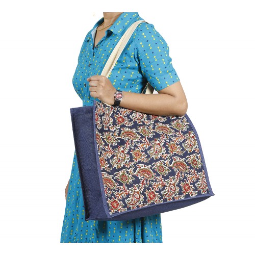 Navy Blue Jute and Kalmakari mix bag